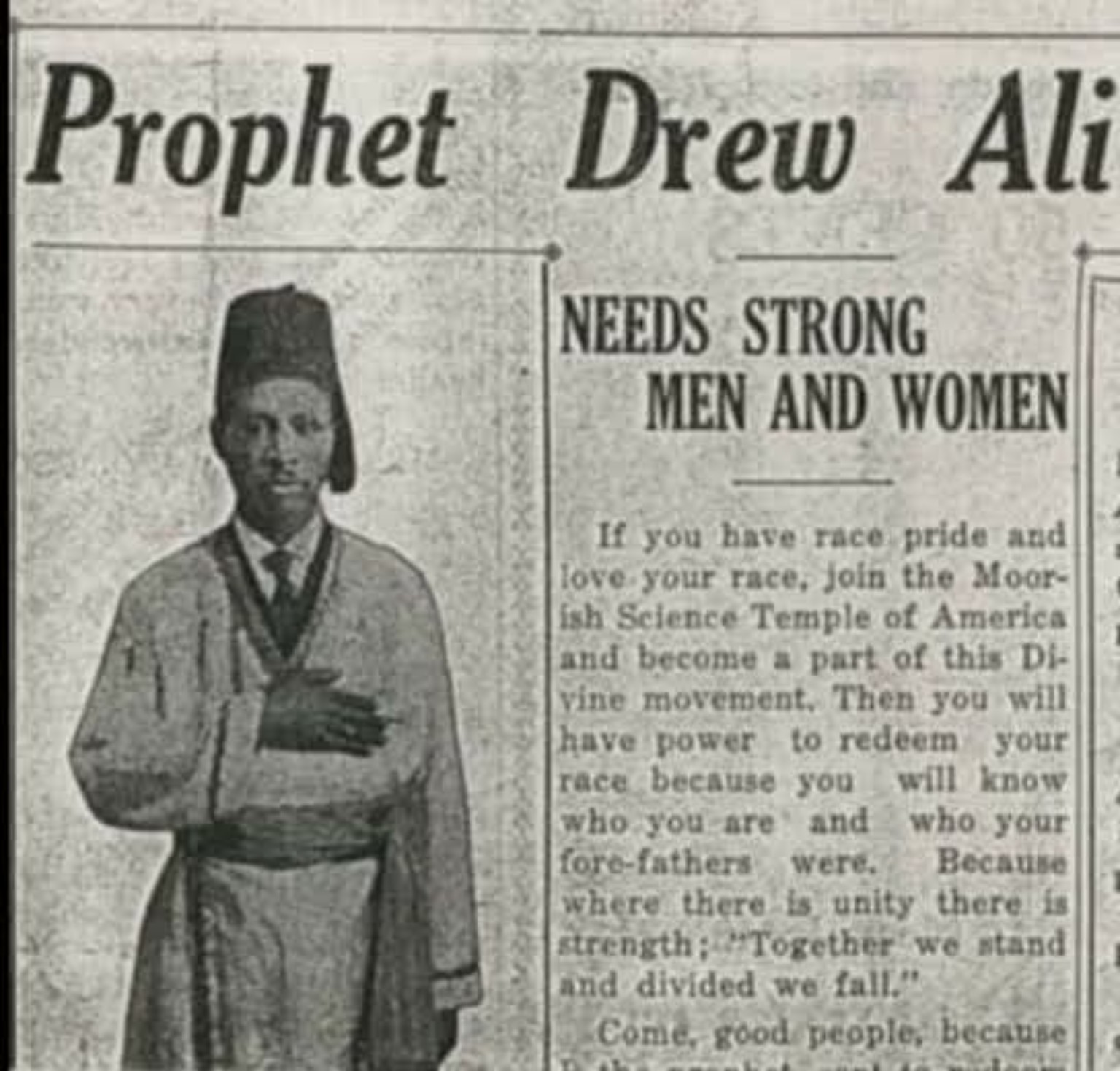 Historic newspaper image featuring Prophet Noble Drew Ali